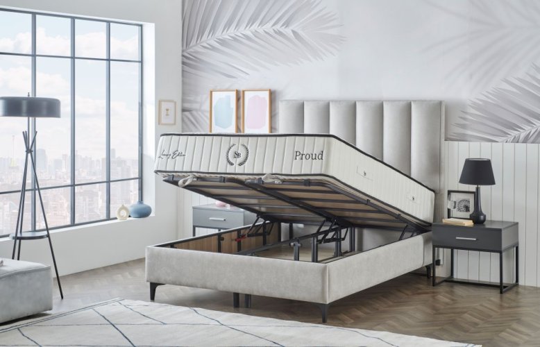 Čalouněná postel PROUD NEW s matrací - světle šedá - Rozměr: 150 × 200 cm
