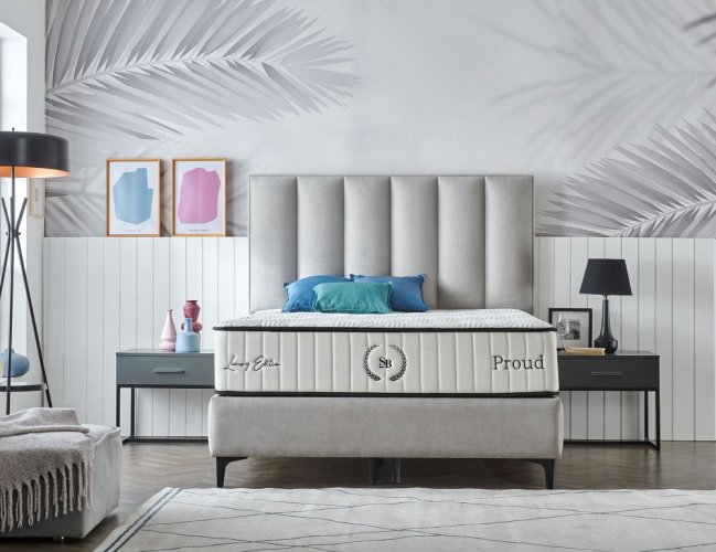 Čalouněná postel PROUD NEW s matrací - světle šedá - Rozměr: 150 × 200 cm