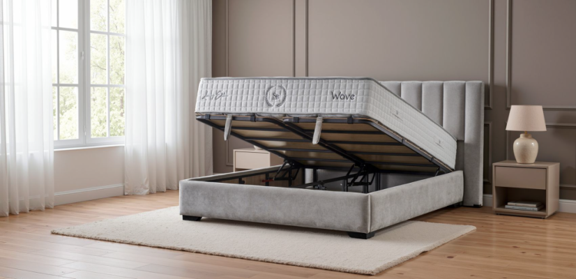 Čalouněná postel WAVE s matrací - šedá - Rozměr: 150 × 200 cm