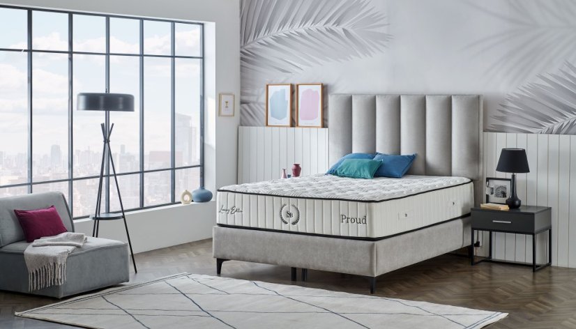 Čalouněná postel PROUD NEW s matrací - světle šedá - Rozměr: 150 × 200 cm